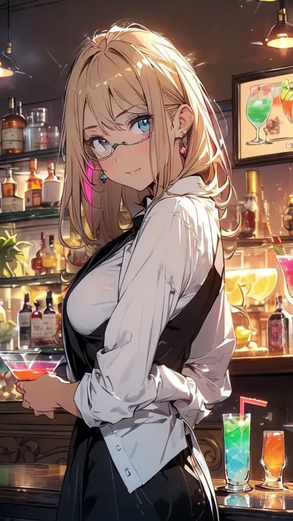 ((Drunk blonde busty mature woman swirling in bar)), (Cute Green Spiral Wash Eyes Pink、Folded blonde ponytail:3 mouthfuls of drunken face, Black jacke, whiteshirt, red necktie, black short pants, lace-up boots, Holding the glass goblet hand in detail), Spiral Wash Eyes