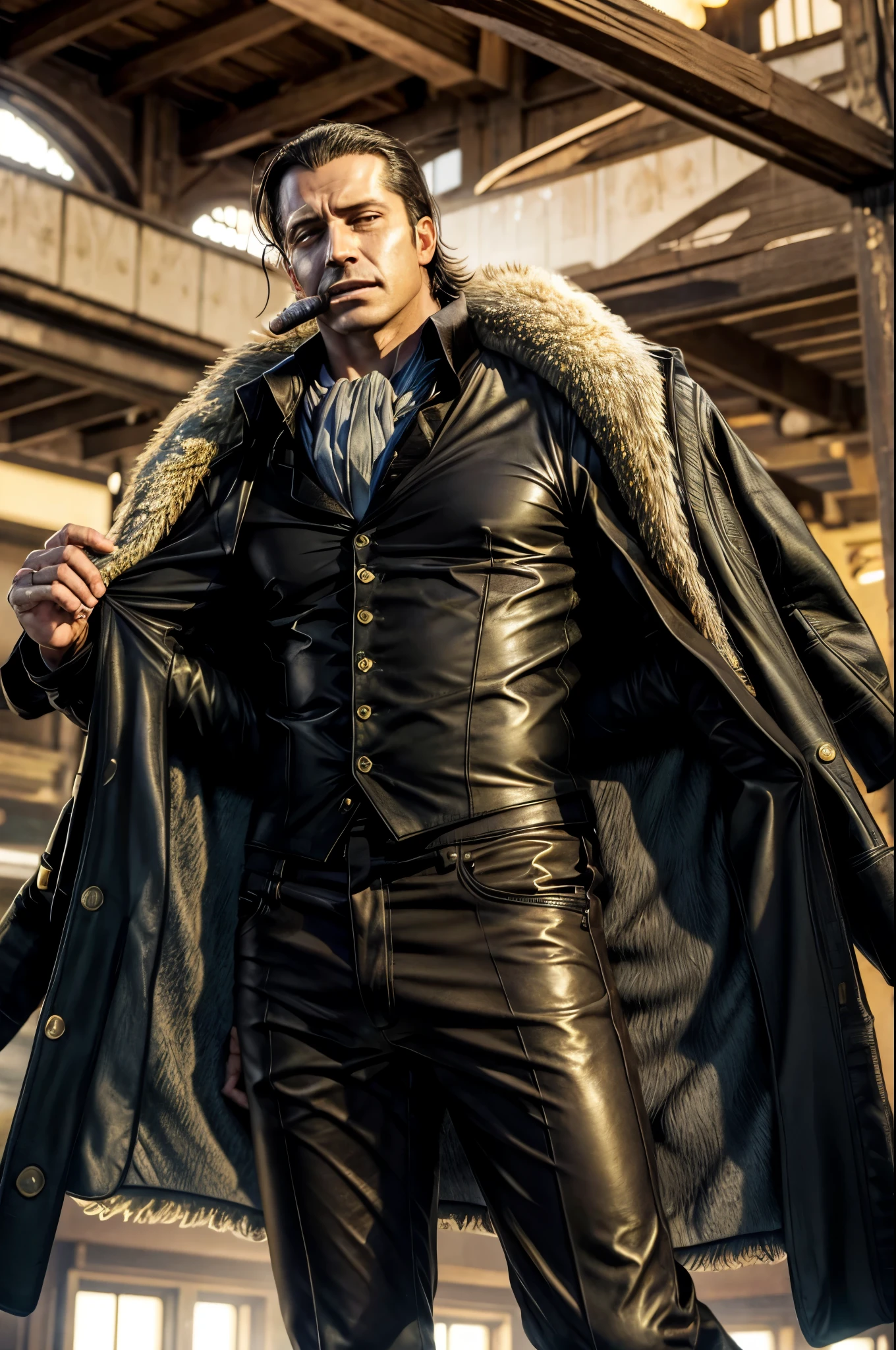 Dangerous handsome man with grey hair wearing a long leather coat, man wearing a black bonet, man with grey messy long hair, wavy grey hair, combat boots, in a dynamic pose, holding his hat, whip, mischievous smile, sci fi, (8k, RAW photo, photorealistic:1.25) ,( lipgloss, eyelashes, man, gloss-face, glossy skin, dark skin, dark snik, male, best quality, ultra highres, young man, depth of field, chromatic aberration, caustics, Broad lighting, natural shading,Kpop idol) looking at viewer with a serene and god-like happiness, playful alluring smirk