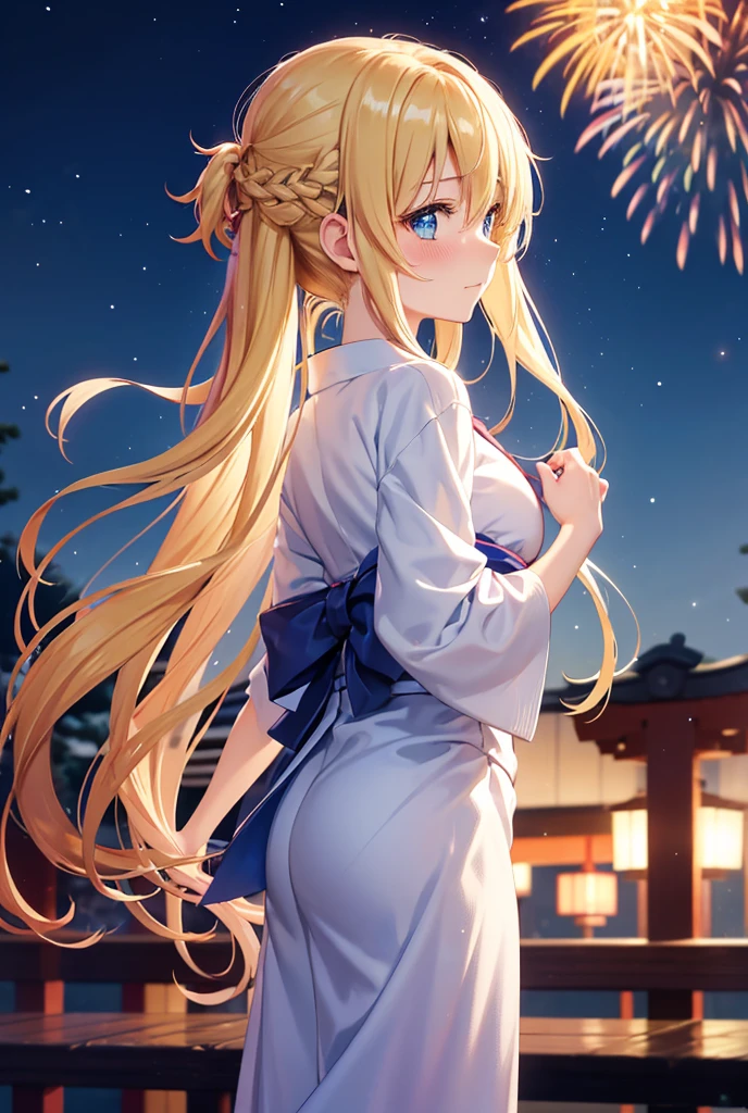 anime, woman, standing, looking away, blushing, semi long, low twintails, wavy hair, blonde, gradient hair, blue eyes, with sparkling eyes, shiny skin, slender, yukata, adult, looking up, in the Japanese festival, with fireworks, at night, cowboy shot, back shot, dynamic angle, cowboy shot, moonlight,