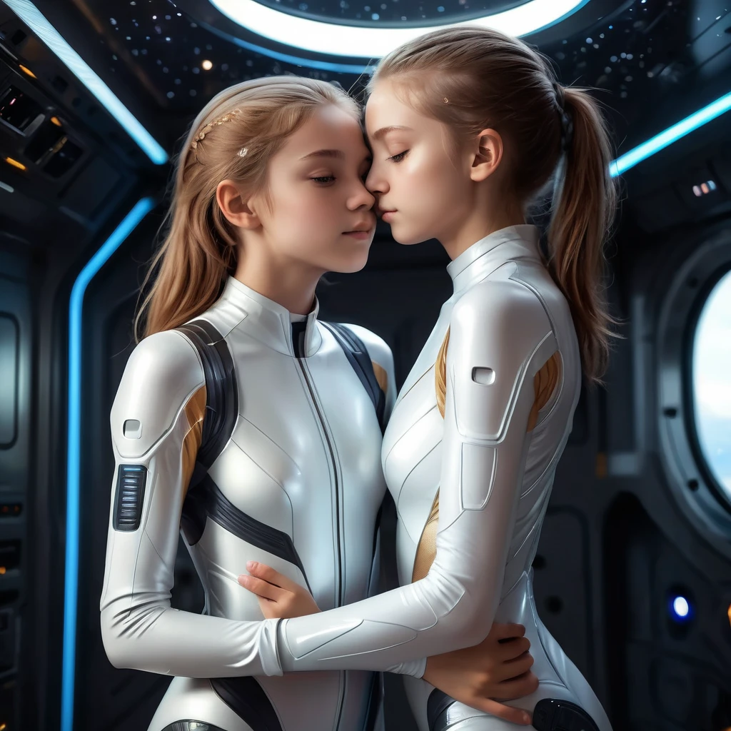 Top Quality, Masterpiece, High Resolution, 8k, wide objective, full body view, (Teenager, barely legal), ((2 cute girls hugging and kissing passionately, wearing a a light space tight suit, medium perky breasts, extremely detailed face, beautiful detailed closed eyes, beautiful detailed lips, pixie side shaved hair, small hips, in a large spaceship, wide view))