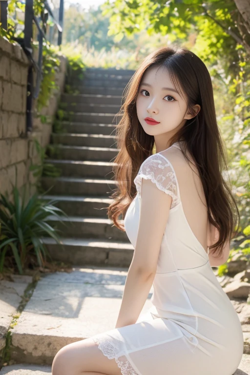 8K, Ultra-high resolution, best quality, masterpiece, Surrealism, photo, 1 girl,pretty girl, Cute face, stairs,Soft Light,Chinese Beauty,Tight Fit,dress,whole body