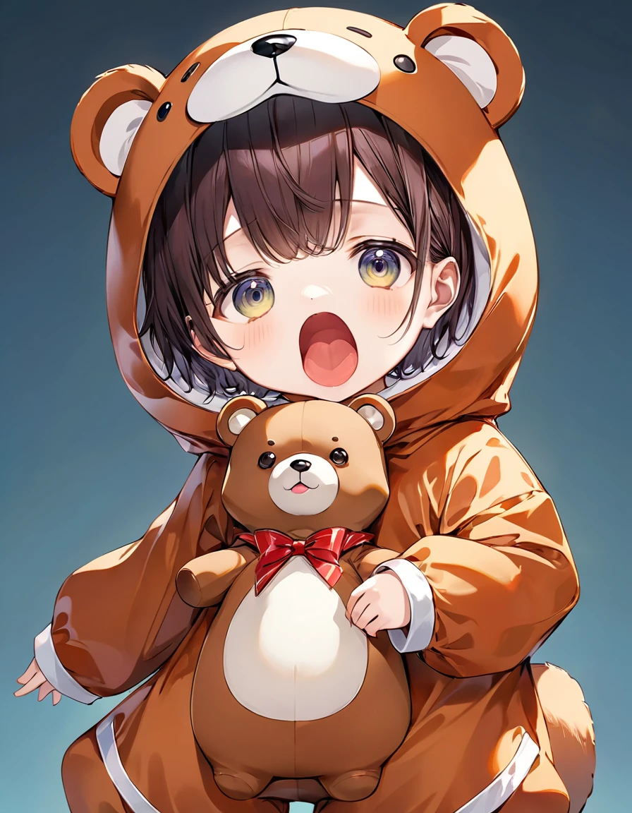 (Highest quality,Extremely detailed depiction,Incredible high resolution),Deformed Character,teddy bear:1.5,Child wearing a bear costume:1.3,Child wearing a bear costumeがteddy bearの人形を抱きかかえている:1.5,Mouth open