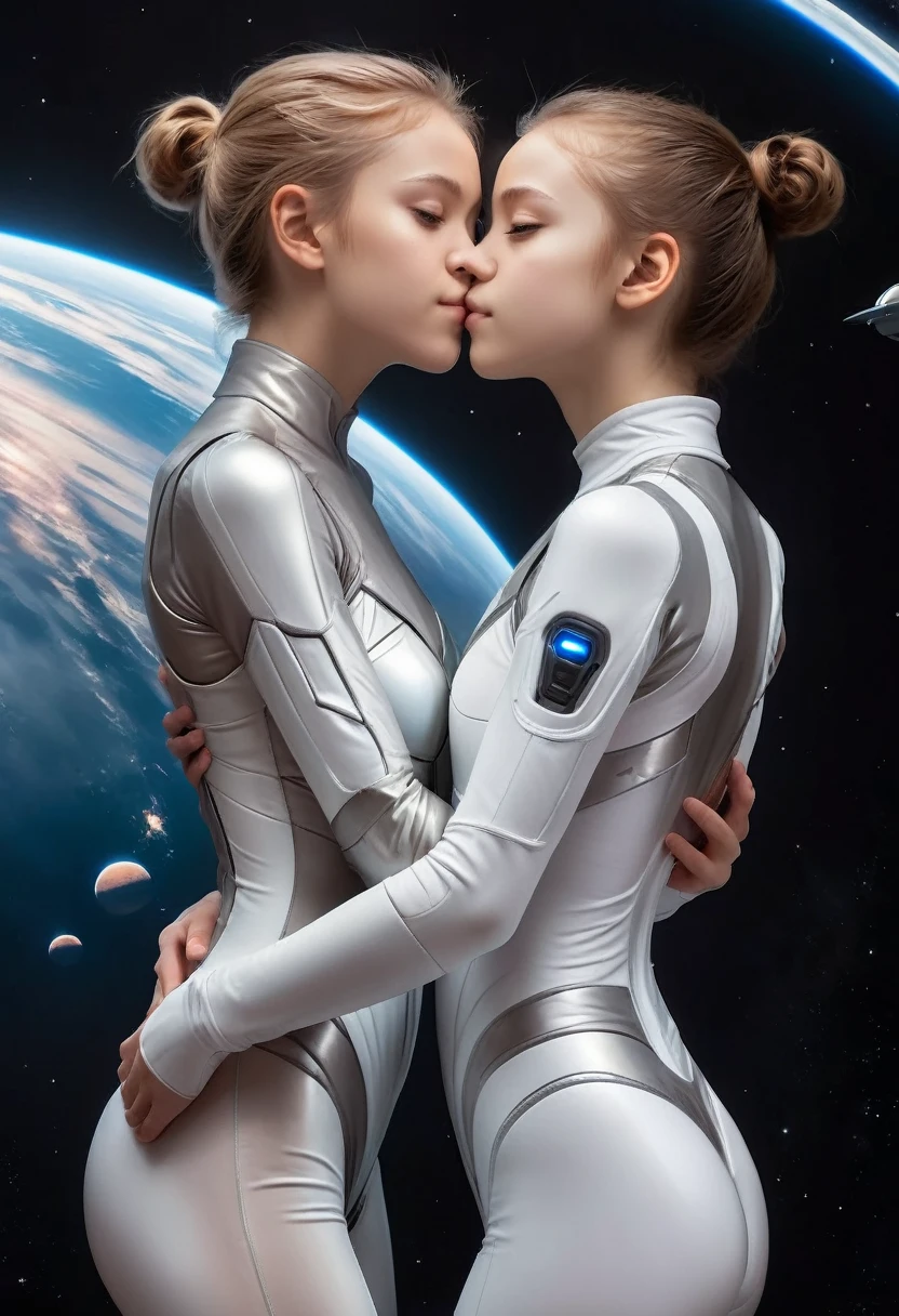 Top Quality, Masterpiece, High Resolution, 8k, wide objective, full body view, *******r, barely *****, 2 cute girls hugging and kissing passionately, wearing a a light space tight suit, medium perky breasts, extremely detailed face, beautiful detailed closed eyes, beautiful detailed lips, pixie side shaved hair, small hips, in a large spaceship, wide view