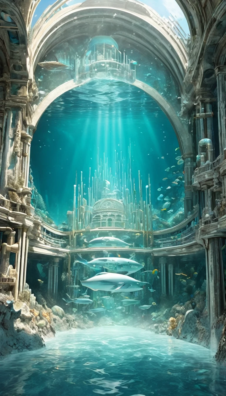 mysterious work of art painted with unusual techniques, conceptual installation art, high and fine artwork, mechanical underwater city, exposed mechanical parts, huge pipe organ with white and gold-plated marble pattern, sign saying "Treasure", crystal clear Tiffany blue seawater, background cracks and faults, the mouth and teeth of something gigantic faintly visible in the distance, delicate and dynamic textures, contrasts of light and shadow, 2.5D, artistic photography, hyper realistic, graphic CG digital art, ultra detailed, absolutely resolution, best quality