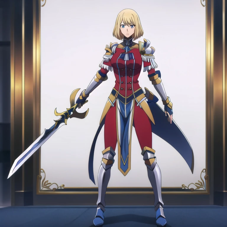 cha, 1girl, solo, breasts, looking at viewer, short hair, blonde hair, tight fitting armor, bow, standing, blue eyes, blue armor, blue footwear, sword hand