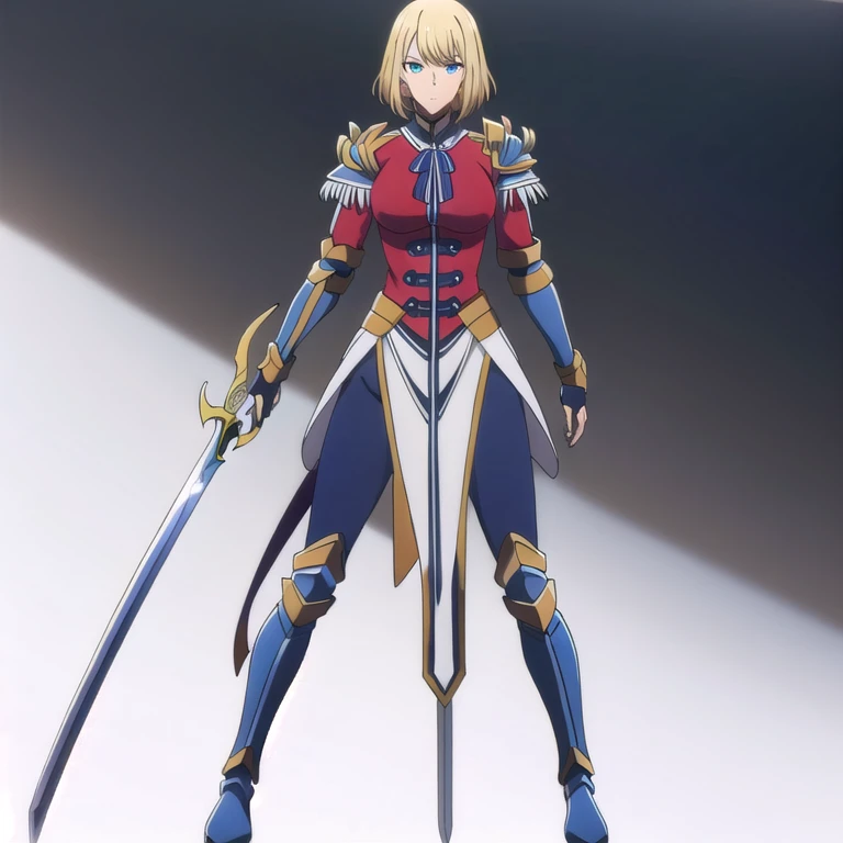 cha, 1girl, solo, breasts, looking at viewer, short hair, blonde hair, tight fitting armor, bow, standing, blue eyes, blue armor, blue footwear, sword hand