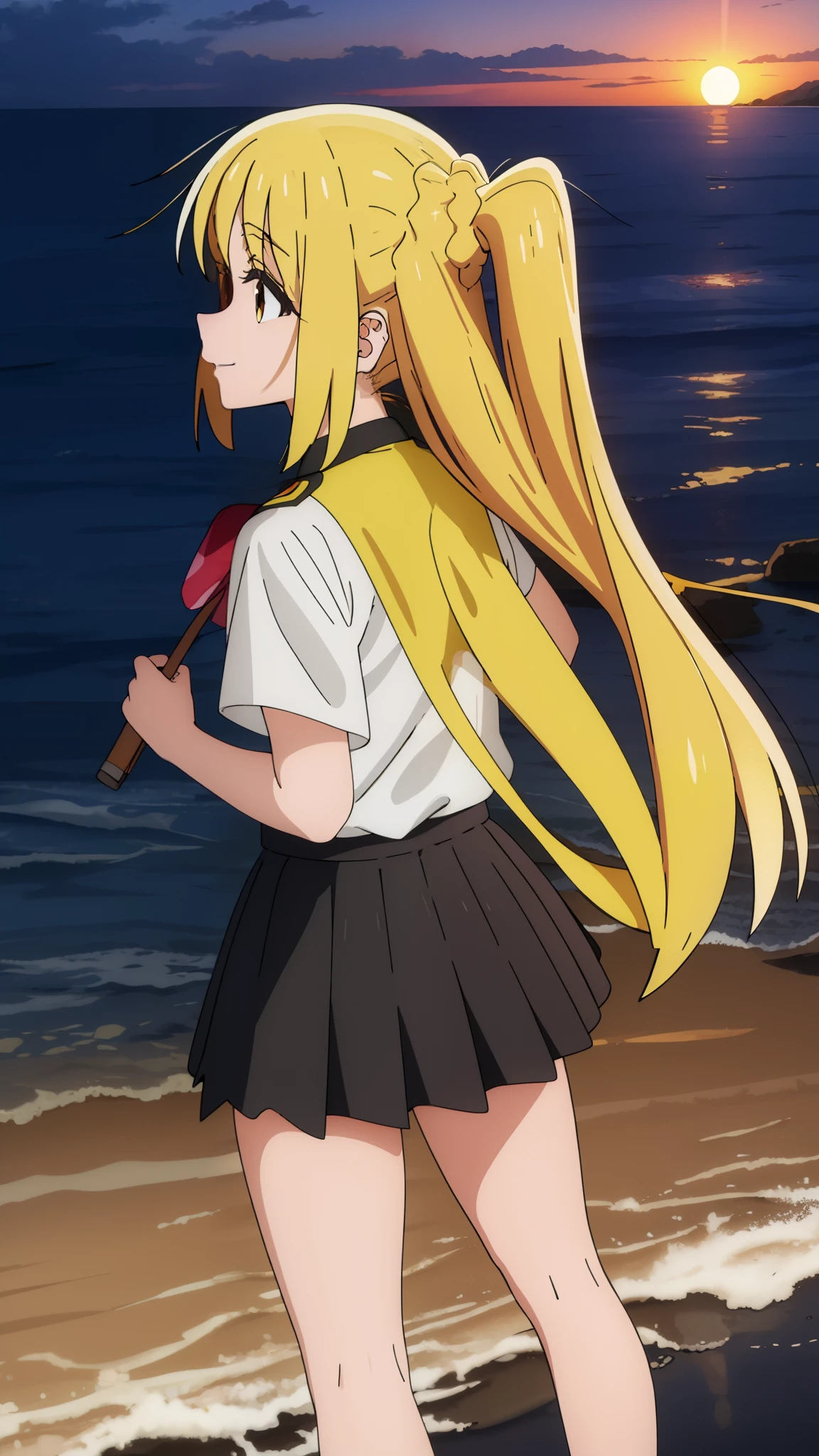 (masterpiece, best quality:1.2),
{Highest quality:1.5}, (masterpiece:1.3),illustration,8k,HD,Seaside,Sunset sky,1girl,solo,look back,Nijika ijichi, barefoot,(portrait:1.2),yellow_hair,long_hair,white seraph,sidelocks,smile,brown_eyes,uniform, Short sleeve_uniform, uniform,black skirt,evening,red uniform ribbon,