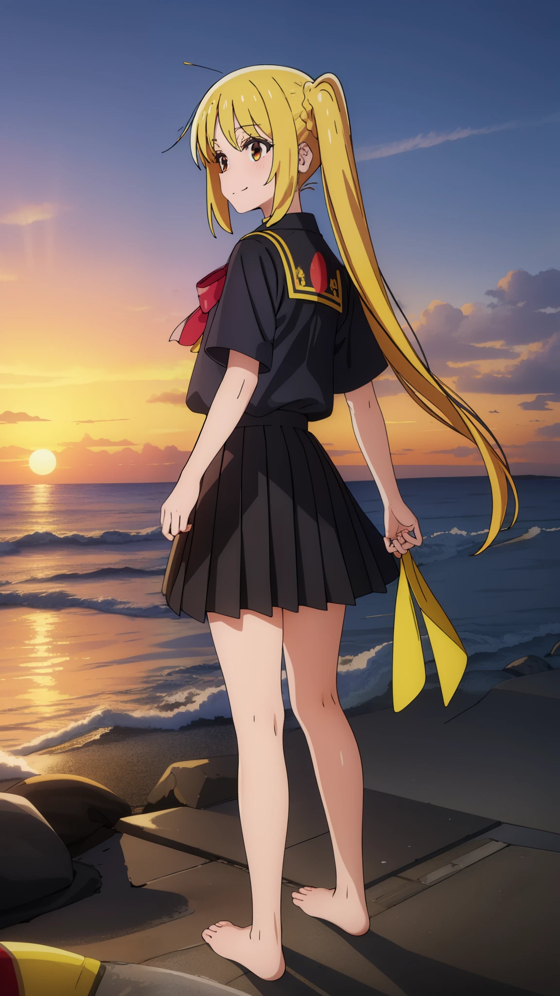 (masterpiece, best quality:1.2),
{Highest quality:1.5}, (masterpiece:1.3),illustration,8k,HD,Seaside,Sunset sky,1girl,solo,look back,Nijika ijichi, barefoot,(portrait:1.2),yellow_hair,long_hair,white seraph,sidelocks,smile,brown_eyes,uniform, Short sleeve_uniform, uniform,black skirt,evening,red uniform ribbon,