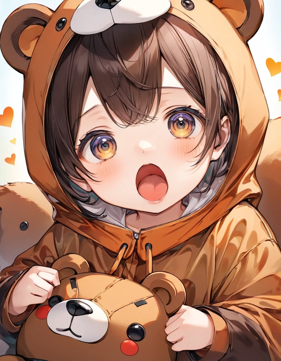 (Highest quality,Extremely detailed depiction,Incredible high resolution),Deformed Character,teddy bear:1.5,Child wearing a bear costume:1.3,Child wearing a bear costumeがteddy bearの人形を抱きかかえている:1.5,Mouth open