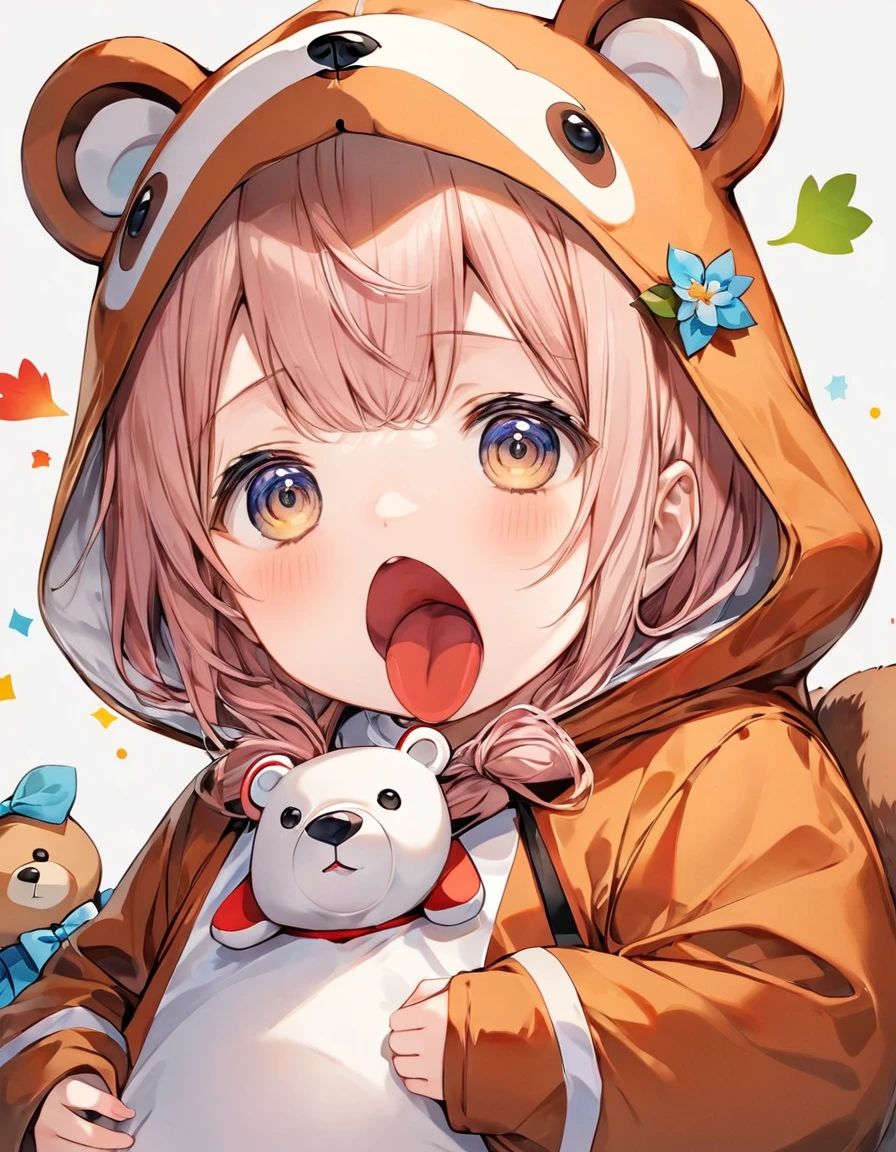 (Highest quality,Extremely detailed depiction,Incredible high resolution),Deformed Character,teddy bear:1.5,Child wearing a bear costume:1.3,Child wearing a bear costumeがteddy bearの人形を抱きかかえている:1.5,Mouth open