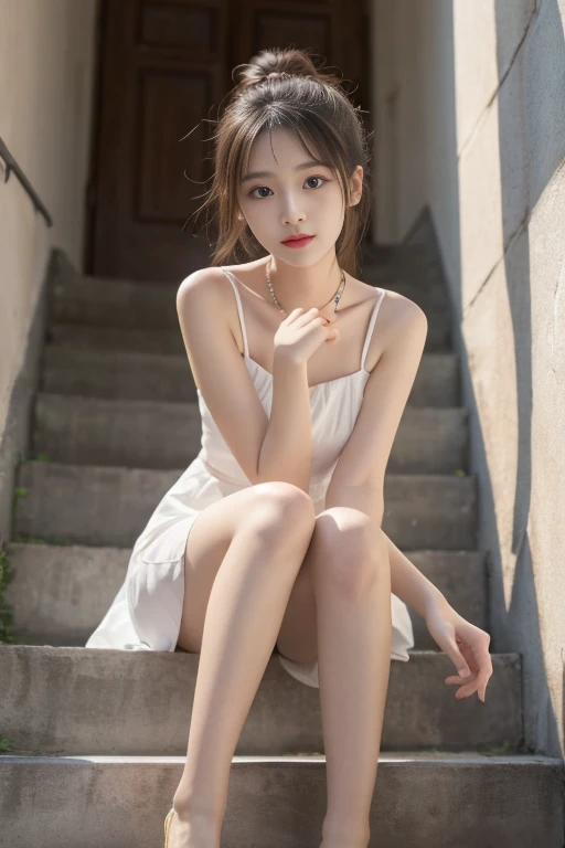 8K, Ultra-high resolution, best quality, masterpiece, Surrealism, photo, 1 girl,pretty girl, Cute face, stairs,Soft Light,Chinese Beauty,Tight Fit,dress,whole body