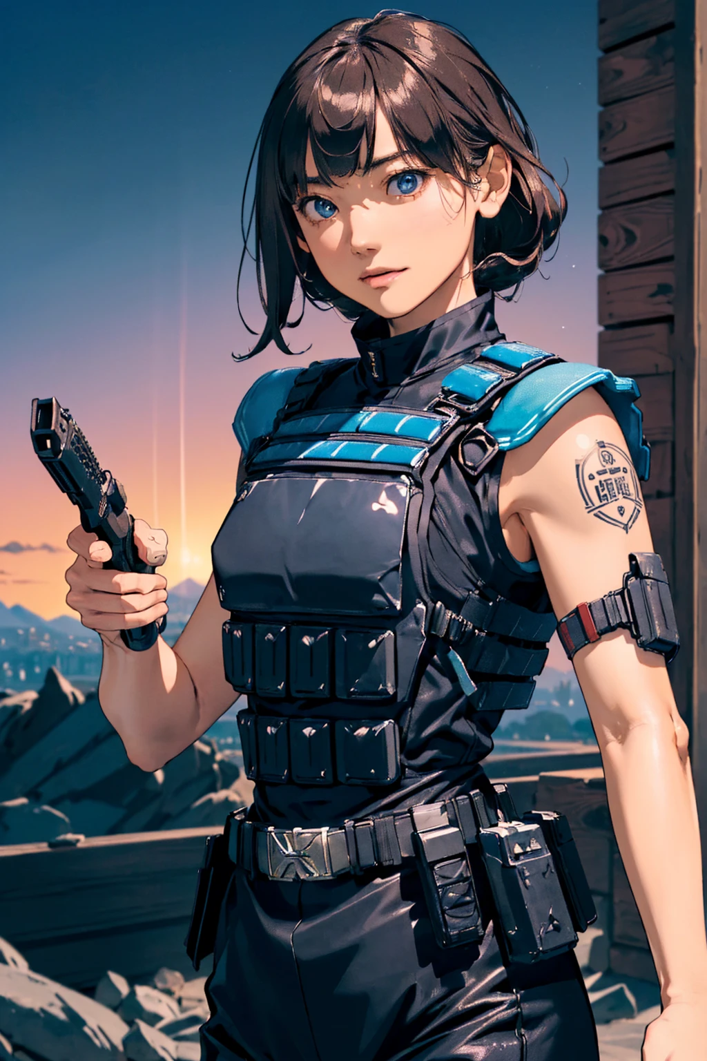 ((masterpiece, Highest quality, High resolution, Realistic, born, 8k wallpaper)),(One Girl), ((desertの戦闘服, Have a weapon, Tactical Goggles, Bulletproof vest, Fully clothed:1.4)), ((Small breasts, small chest with rounded shape,:1.3)), ((Accentuated breasts, Large pelvis, Wide Hips, abdomen, Tight waist, Curvy waist:1.2)), ((slim, 大きな胸とthinウエスト, thin, Skinny belly:1.2)), Modern Hairstyles, Colored striped hair, Hair highlights, ((Proud face)), ((Tattoo:1.1)), Tabletop, Highest quality, Realistic, 超High resolution, Depth of written boundary, (Full dual color neon lighting:1.2), (Detailed face:1.2), (Detailed eyes:1.2), (Detailed Background:1.2), (desert, Action sequence, Cinema Lighting, desertの嵐:1.2) (Tabletop:1.2), (Ultra-detailed), (Highest quality), Complex, Overall Movie, Magical Pictures, (Gradation), colorful, Detailed landscape, Visual Key, Glowing Skin,