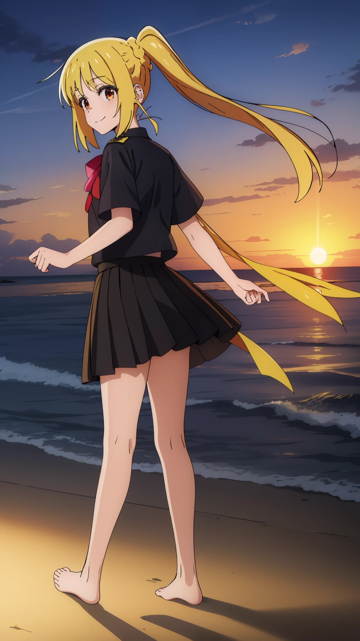 (masterpiece, best quality:1.2),
{Highest quality:1.5}, (masterpiece:1.3),illustration,8k,HD,Seaside,Sunset sky,1girl,solo,look back,Nijika ijichi, barefoot,(portrait:1.2),yellow_hair,long_hair,white seraph,sidelocks,smile,brown_eyes,uniform, Short sleeve_uniform, uniform,black skirt,evening,red uniform ribbon,