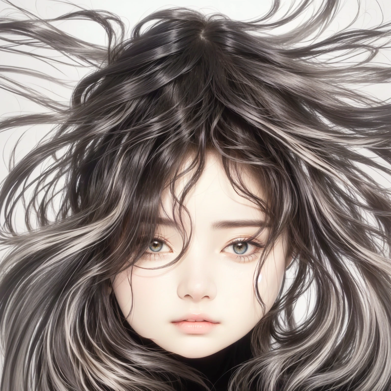 a drawing of a woman with long hair and a black top, psychedelic flowing hair, flowing hair, hair flowing, wavy hair spread out, wind blowing hair, swirling black hair, wind in hair, her loose hair, melancholic art, windblown dark hair, depressed girl portrait, wind blowing and hair flowing, face of anxiety and longing, hair flowing down