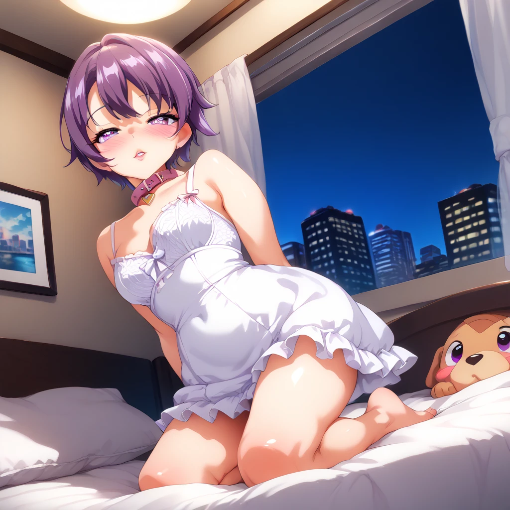 (SFW) (Best quality) Mako-Chan Kaihatsu Nikki, low angle, short purple hair, big purple eyes, fully lidded eyes, puckered lips, plump lips, blushing, white mini sleeping dress, turtle neck, night, lights off, city, moonlit Ambience, bedroom, on bed, posing, pink dog collar, white lingerie bra, hands on bed, kneeling , submissive, heart shaped pupils, flushed body, feeling sexy,