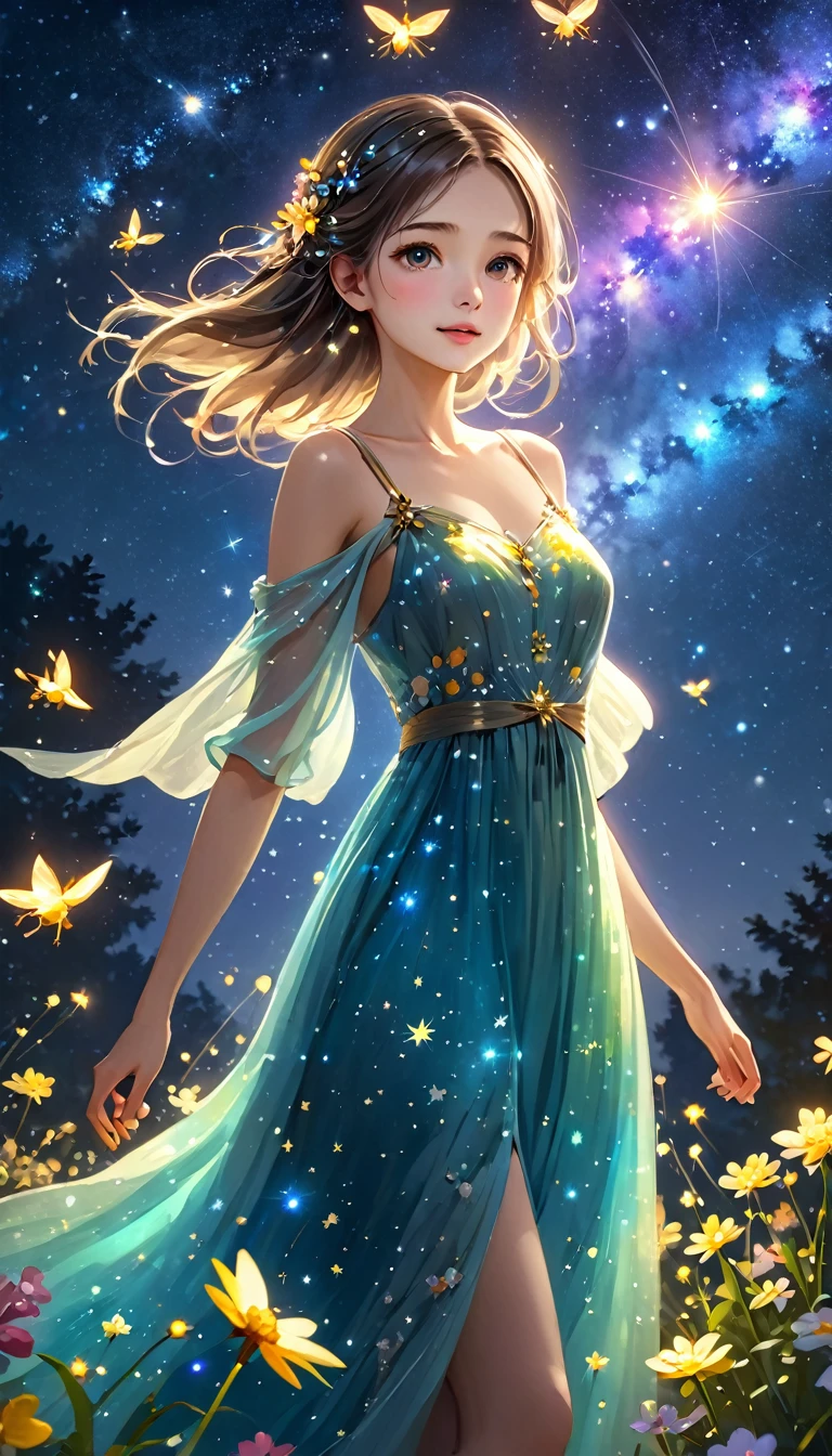 Highest quality, Great quality, 8k, Very detailed, 2.5D, delicate and dynamic, Fireflies flying around with small lights, night, Starry Sky, milky way, nebula, shooting star, Flowers, bird, Kind eyes,The expression of mercy,  Healthy body shape, Small breasts,  Colorful long dress, Absurd,