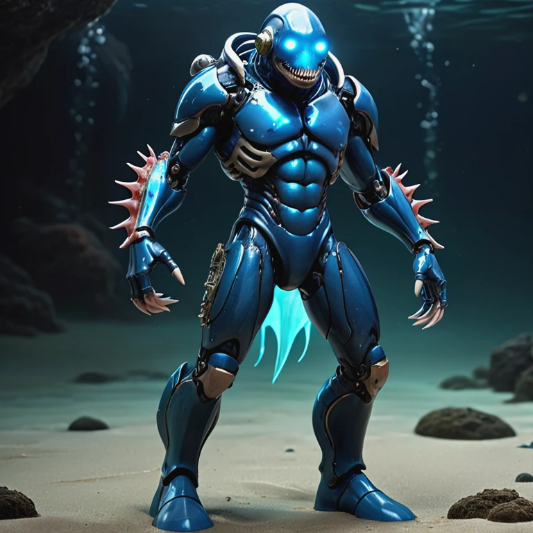 Full body image、Action Figures、Bad guy、Deep-sea fish mutant、and cyborg、Pale skin、３d rendering、A fearsome lamprey-like mouth、Glowing eyes inside the epidermis、front、Pose before attack、Bad guy、A man with the powers of a deep-sea fish and a machine、Humanoid Style、Place々The internal mechanism can be seen、He wears a glowing blue cape reminiscent of the skin of a deep-sea fish and patent leather battle gear.、Wearing boots、Cyborg Mutant、Digital Image。