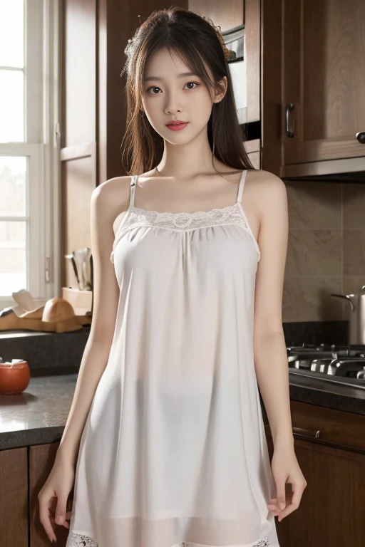 8K, Ultra-high resolution, best quality, masterpiece, Surrealism, photo, 1 girl,pretty girl, Cute face, kitchen,Soft Light,Chinese Beauty,Tight Fit,Nightdress,Lace,,whole body