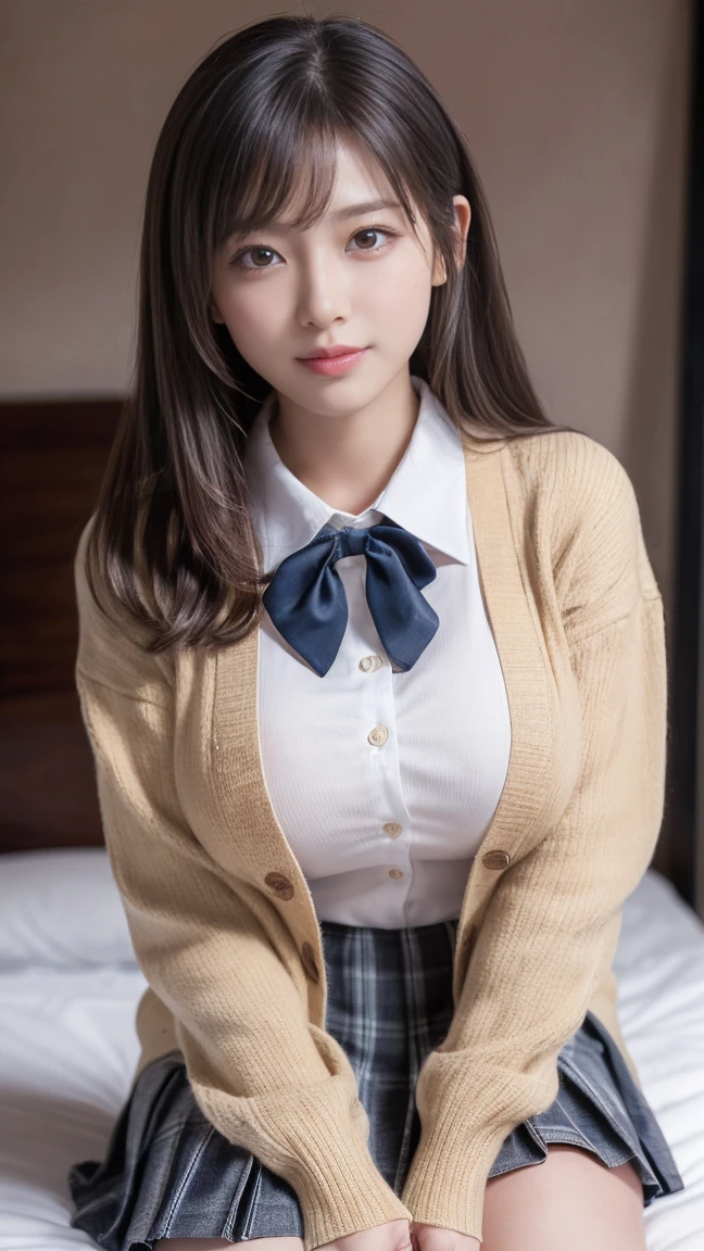 (((8k、High resolution、Highest quality、High resolution)))alone、Natural body shape、White skin、Natural Makeup、Black Hair、bangs、Straight Long Hair、、((High School Uniform)) 、((Beige cardigan、white collared long sleeve blouse))、((Red checked pleated skirt))、(red school ribbon)、、(Big Breasts:1.3)、((The upper body is wearing))、(((((Looking into the camera)))))、(((Head to shin portrait)))、(((Exposing your thighs)))、Bedroom、On the bed、Sit with your legs apart、((Focus on the crotch))、White socks