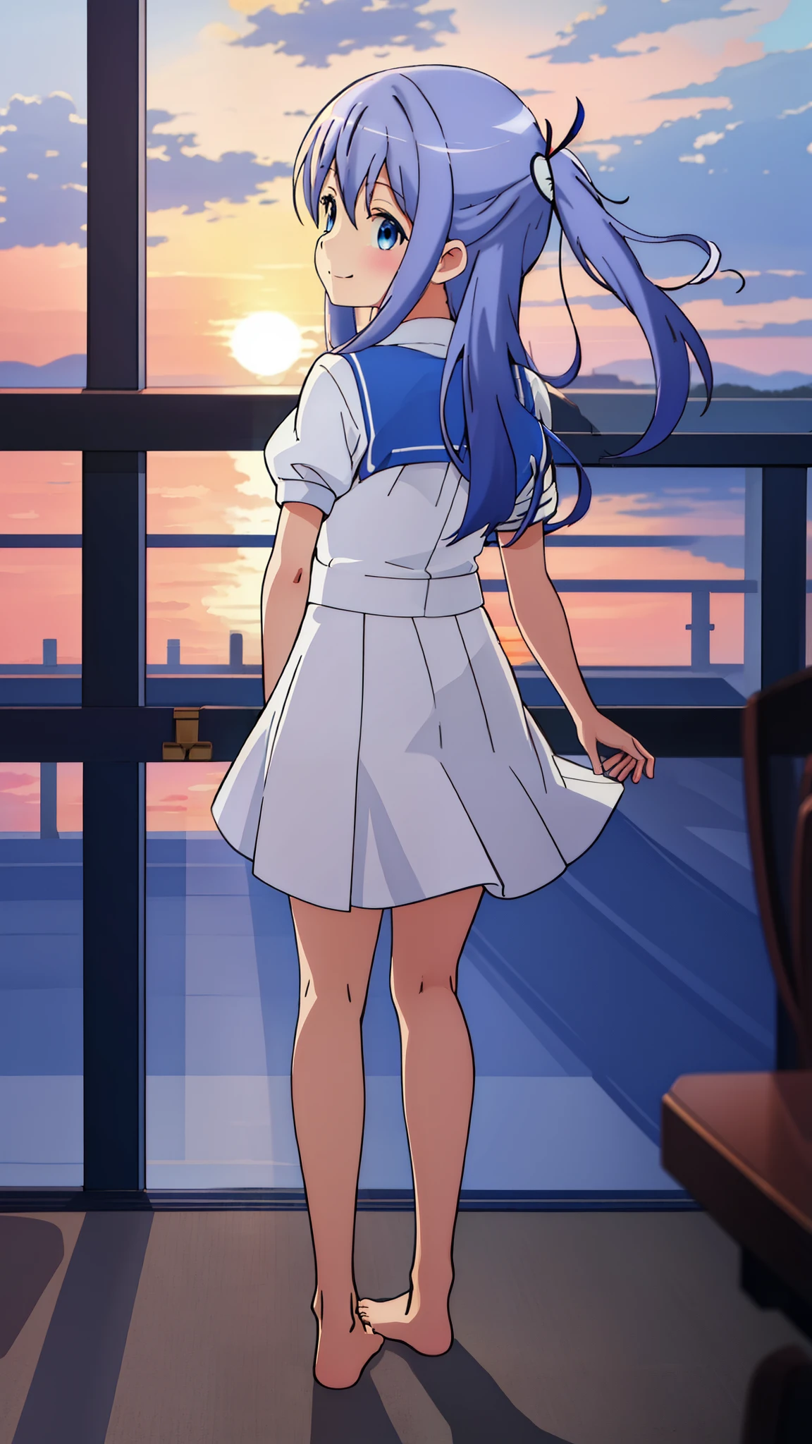 (masterpiece, best quality:1.2),
{Highest quality:1.5}, (masterpiece:1.3),illustration,8k,HD,Seaside,Sunset sky,1girl,solo,look back,Chino Kafuu, barefoot,(portrait:1.2),blue_hair,long_hair,white seraph,sidelocks,smile,blue_eyes,uniform, Short sleeve_uniform, uniform,evening