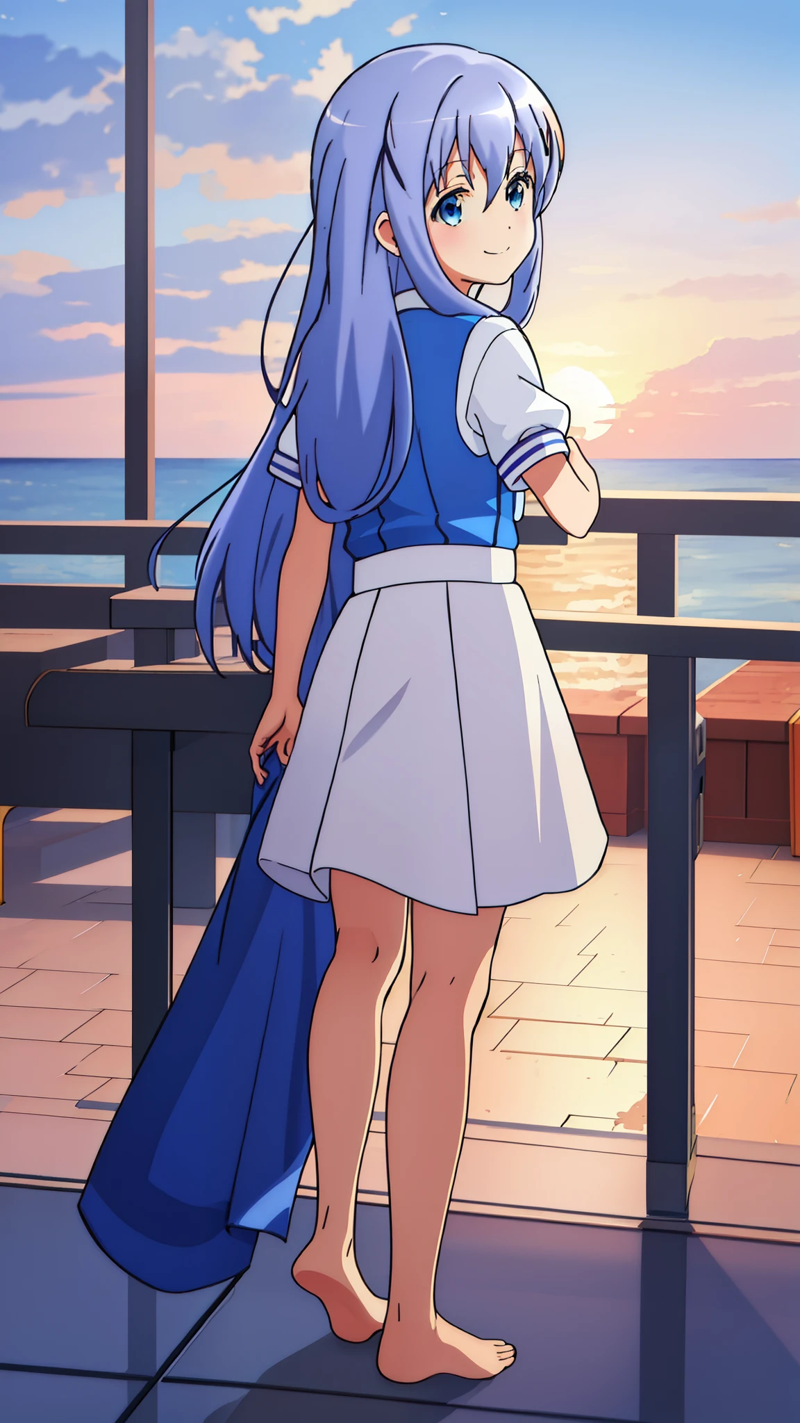 (masterpiece, best quality:1.2),
{Highest quality:1.5}, (masterpiece:1.3),illustration,8k,HD,Seaside,Sunset sky,1girl,solo,look back,Chino Kafuu, barefoot,(portrait:1.2),blue_hair,long_hair,white seraph,sidelocks,smile,blue_eyes,uniform, Short sleeve_uniform, uniform,evening