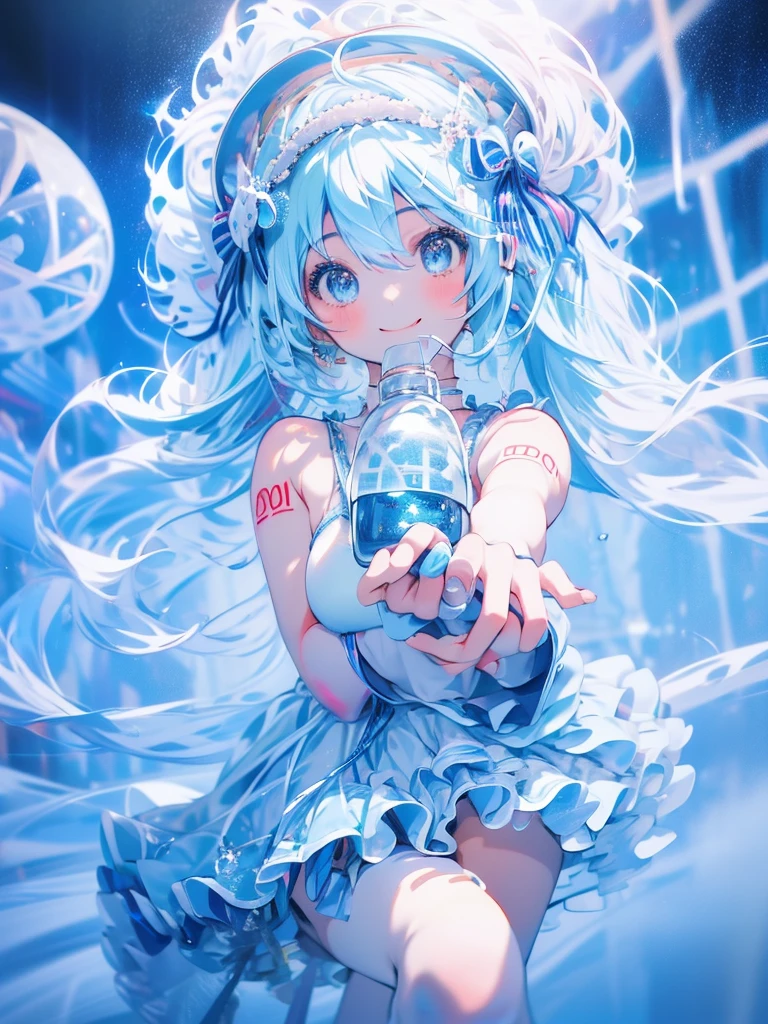 masterpiece、Hatsune Miku、Light blue hair、Long Hair、Blue ribbon、((White Hat))、white and blue dress、Sparkling eyes、smile、(((Holding a plastic bottle)))、Upper Body