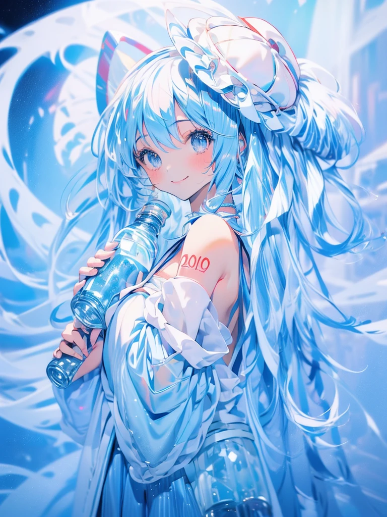 masterpiece、Hatsune Miku、Light blue hair、Long Hair、Blue ribbon、((White Hat))、white and blue dress、Sparkling eyes、smile、(((Holding a plastic bottle)))、Upper Body