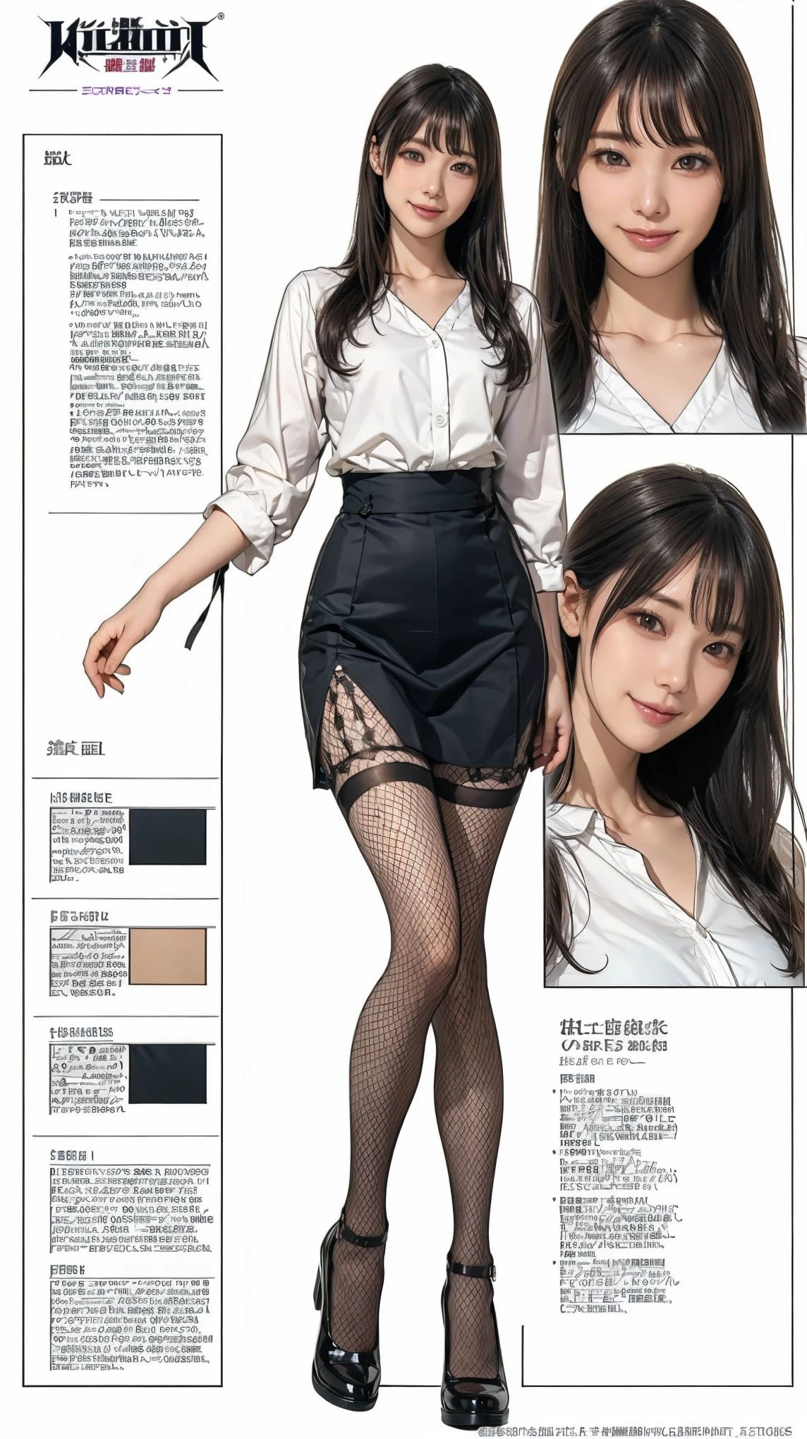 ((masterpiece)),(((Highest quality))),((Character design sheet)),Thin thighs,Long legs,wearing black fishnet tights:1.5,The best smile:1.5,Full Body Shot:1.5,masterpiece, Highest quality, One Girl, Elaina_(May_no_gossip), Silver Hair, Purple eyes, Long Hair,