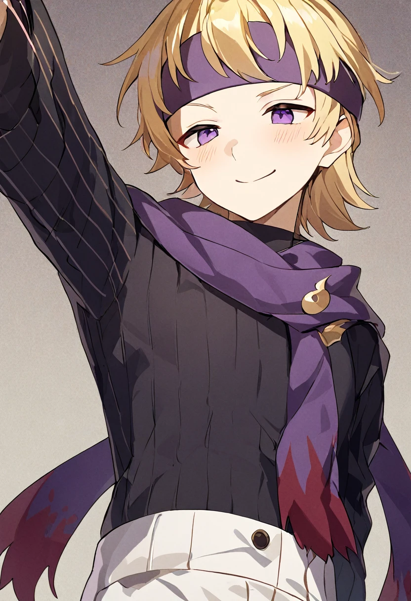 1boy, blonde hair, purple eyes, purple headband, purple scarf, black sweater, ribbed sweater, white pants, standing, eyes closed, soft smile, soft blush, headband, arm up, theremin instrument, playing theremin, mouth closed, smiling, portrait, shaded background, slight shadow, best picture quality, best art quality,