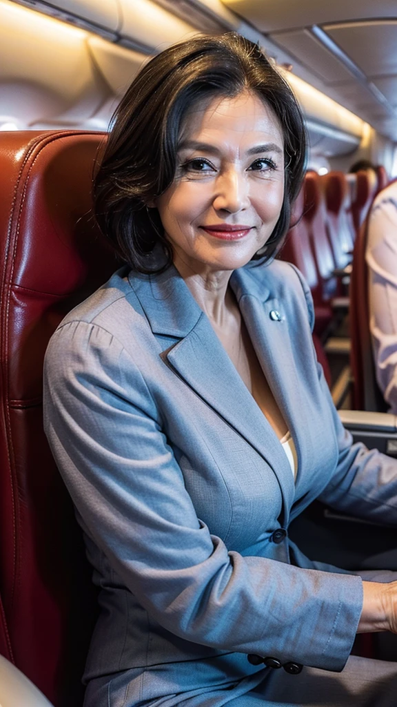 (Best image quality, 4K, high quality, masterpiece:1.2), ((masterpiece)), Attention to detail, high quality, (High resolution,16K, RAW Beautiful Girl Portrait, Best image quality, masterpiece:1.2), Fine wrinkles (8k, High resolution, 超high quality, Ultra HD, Ultra-realistic, 最high quality:1.2) (大きなM Cupの胸:1.1), (Ultra high definition illustration), Aircraft seats, so beautiful, (60 years old:1.4),She has many wrinkles on her face, Natural Wrinkles, Wrinkles around the eyes, Sharp focus, Big Breasts, Super big breasts, M Cup, Anatomically correct,(Cabin attendant:1.4), Puffy sleeves, Navy blue uniform with red lines, Red Mane Ribbon, Evening hairstyles,