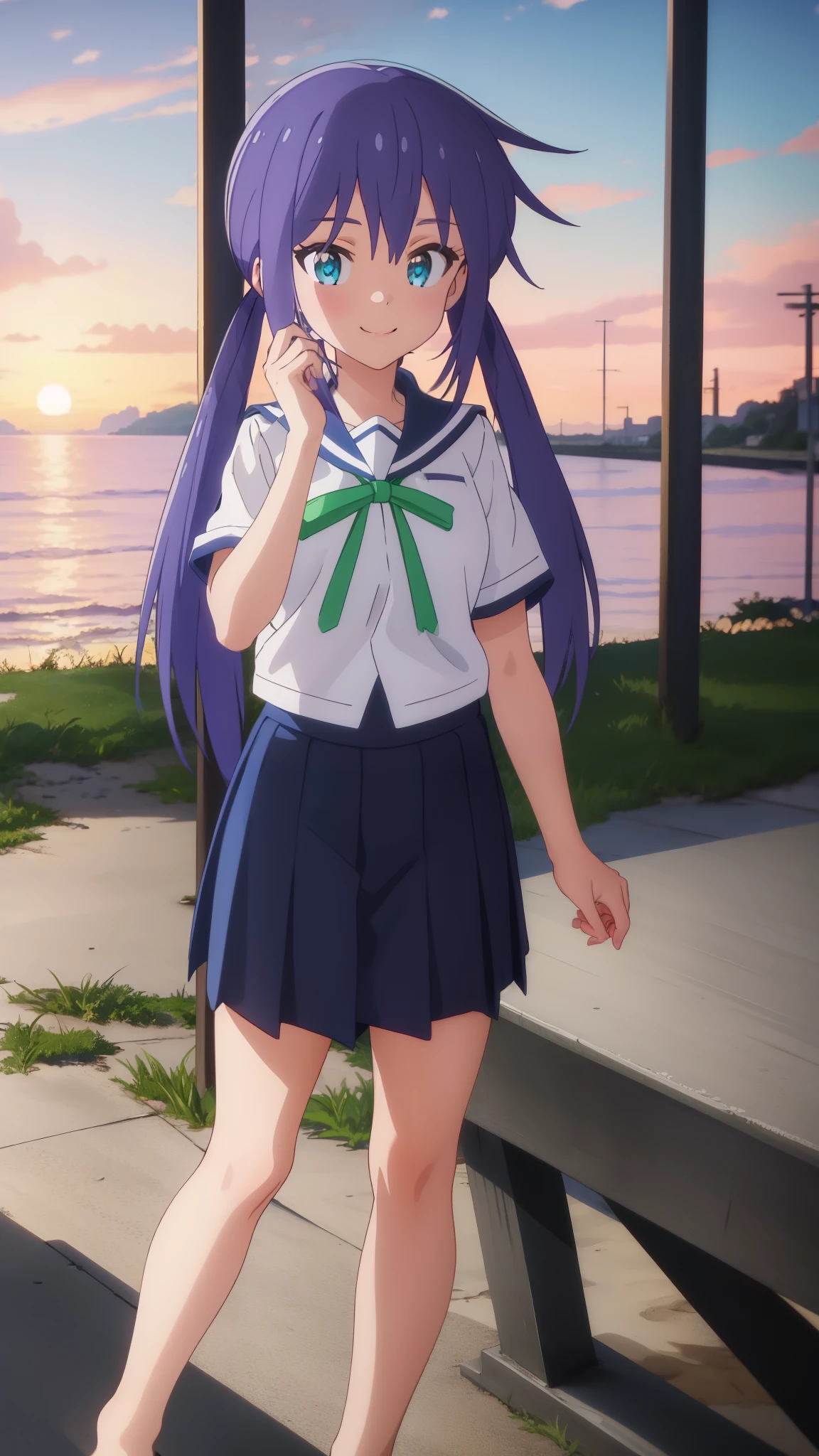 (masterpiece, best quality:1.2),
{Highest quality:1.5}, (masterpiece:1.3),illustration,8k,HD,Seaside,Sunset sky,1girl,solo,Ao Manaka, barefoot,(portrait:1.2),Blue_hair,long_hair,white seraph,sidelocks,smile,Blue_eyes,uniform, Short sleeve_uniform, uniform,evening,green_Uniform ribbon, Navy Blue_skirt,