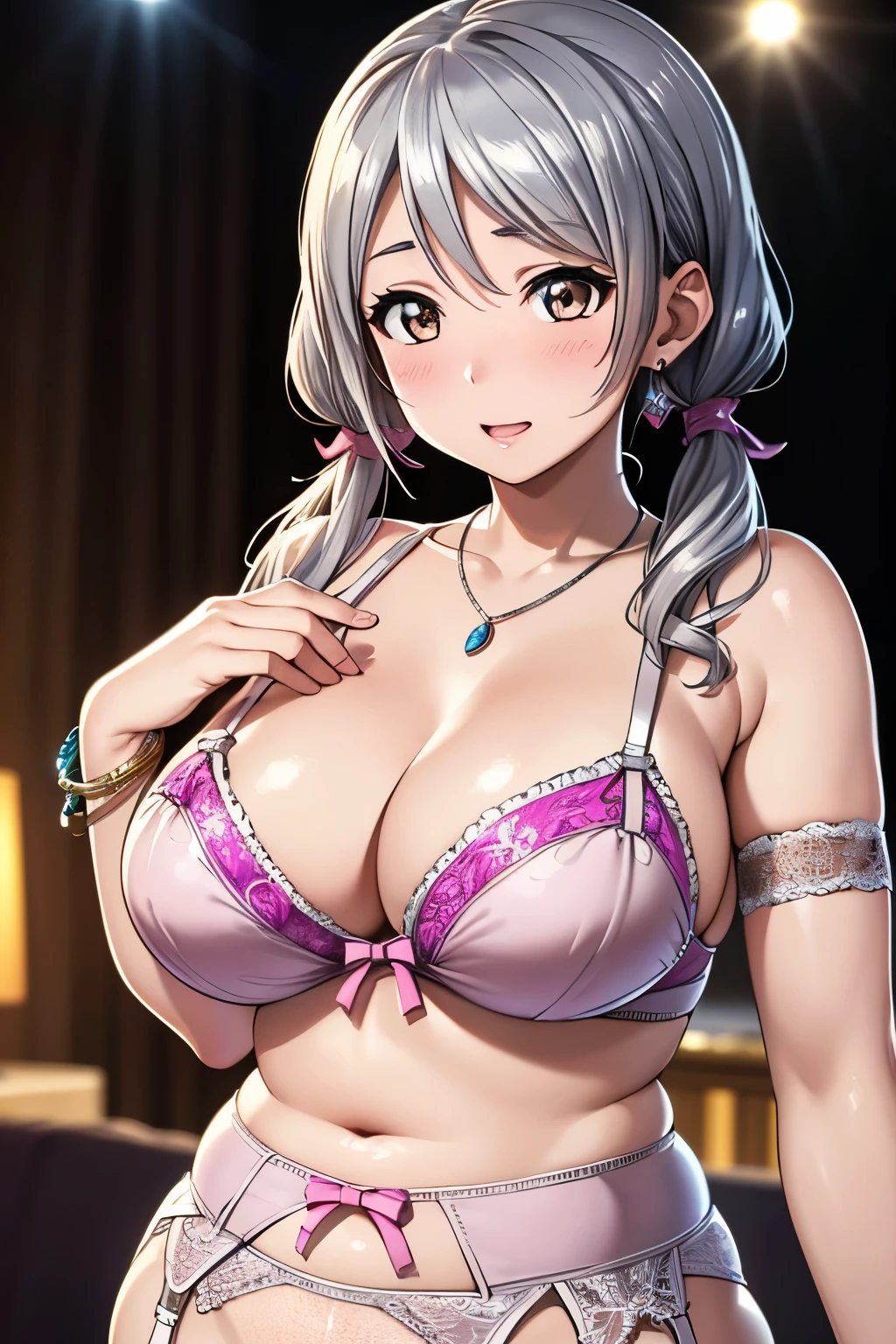  (Maximum resolution:1.2)、(Ultra HD: 1.2), 8k resolution、Highly detailed face and skin texture, Cinematic Light、Perfect figure、Brown eyes、Blushing seductive face、Open your mouth、((Pink Twintails:1.2))、((Realistic texture:1.1))、((Very large breasts))、((Shiny silver patterned garter belt:1.3))、Big earrings、necklace、Bracelet、(Upper body close-up)、event venue、Spotlight、live、slouch、Shiny、Plump、Attention has been paid