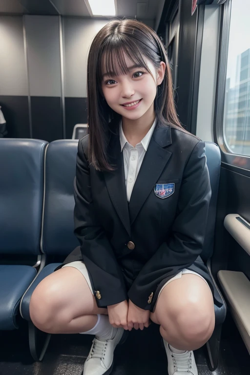 (​masterpiece,top-quality,超A high resolution),A Japanese Lady, (((Very beautiful  girl))), Kawaii Girl、View photographer､Front view,  ((Bob Hair)), hyper cute face, Glossy lips, Double eyelids in both eyes,Smiling smile、 Natural makeup, long eyelashes, Glossy smooth light brown long bob hair,, central image,  Perfect limbs, Perfect Anatomy,(((School Uniforms)))、(((On the train)))
