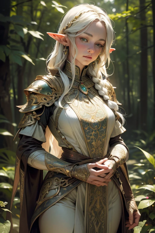 A mature female elf with long braided white hair, pointed ears, green eyes, thin lips, and a round face, wearing a chainmail top that covers the upper chest, shoulder pads, long leather gloves reaching the forearms, holding a large ornate jeweled sword, in an elven forest setting, (best quality, 4k, 8k, highres, masterpiece:1.2), ultra-detailed, (realistic, photorealistic, photo-realistic:1.37), anatomically correct, high resolution, illustration, art nouveau style, by Alfons Mucha