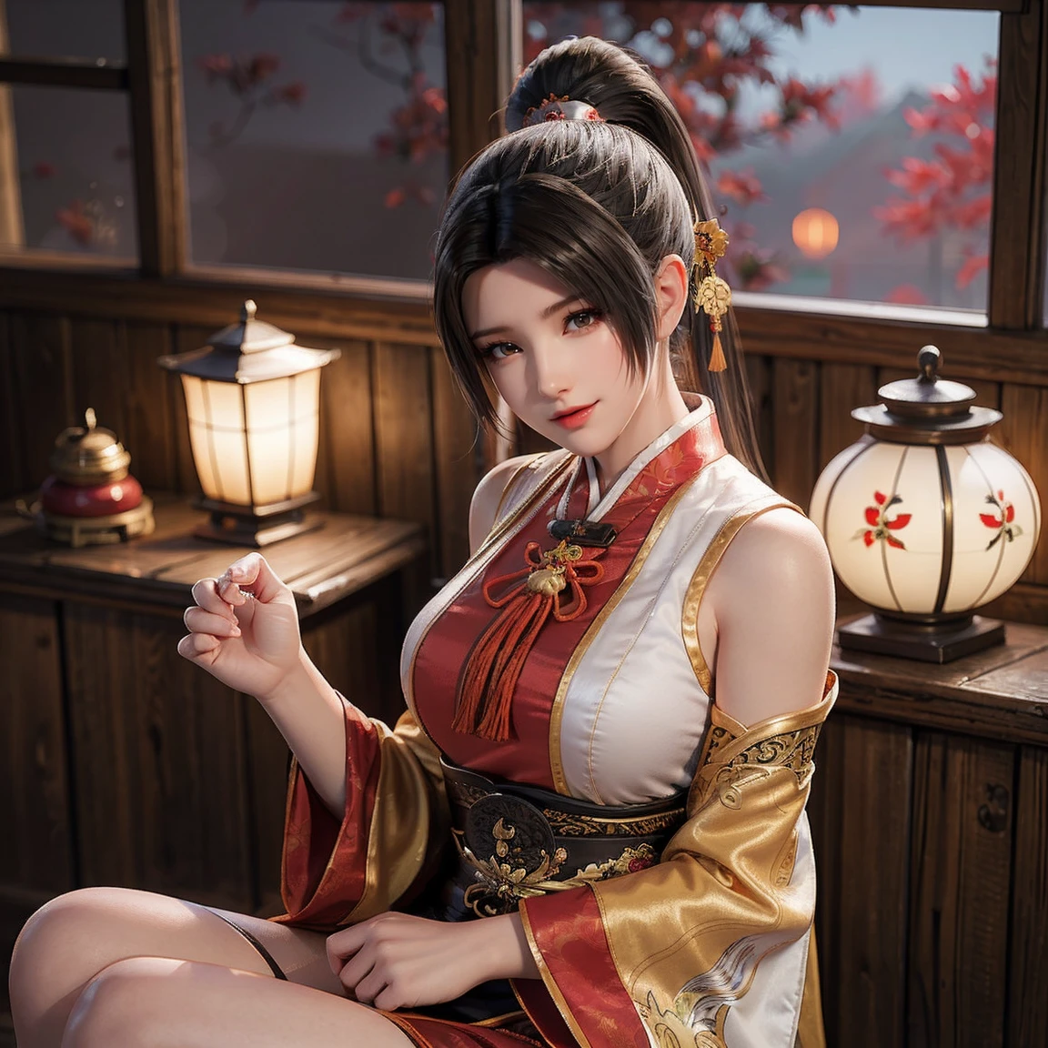 Reality, Solitary, Beautiful Chinese woman, Traditional color Hanfu, Natural Graphics, Gentle smile, Impressive sight, Traditional hairstyle, Japanese-style room at dusk, Sitting by the window, City lights illuminate, (Charming pose), Professional photographer, Shallow depth of field, Backlight, Holding ancient musical instruments in both hands