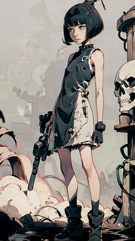 (masterpiece), (High resolution), (Full body portrait), （cyber punk）、Black bowl cut、Sleeveless skull print dress、 Dark atmosphere, Flat Illustration, Creepy Appearance, Characteristic hairstyle, creative accessories, Unique atmosphere,A Little Nightmare、holding a pistol in both hands
