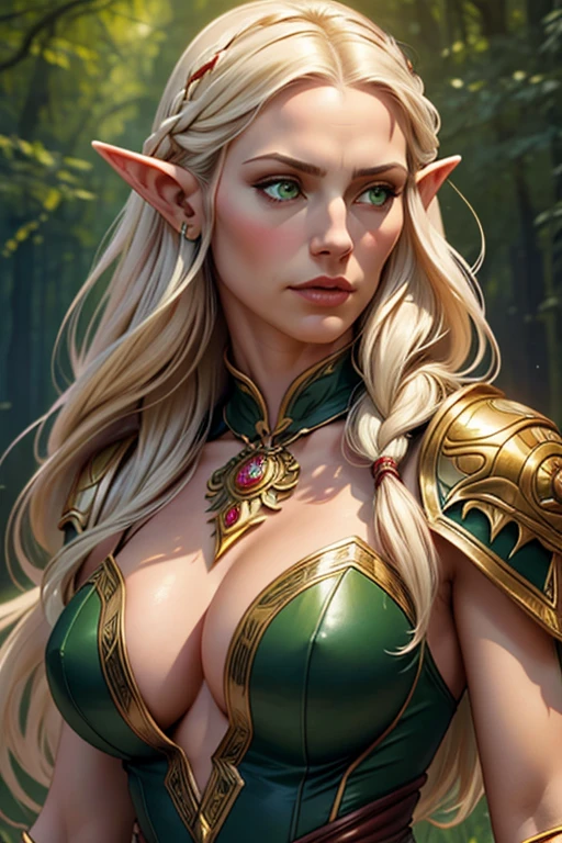 a mature female elf with long braided white hair, pointed ears, green eyes, thin lips, round face, wearing chainmail top covering upper chest, shoulder pads, long leather gloves reaching forearms, holding large ornate jeweled sword, elven forest setting, (best quality,4k,8k,highres,masterpiece:1.2),ultra-detailed,(realistic,photorealistic,photo-realistic:1.37),anatomically correct,high resolution,illustration,art nouveau style,by Alfons Mucha