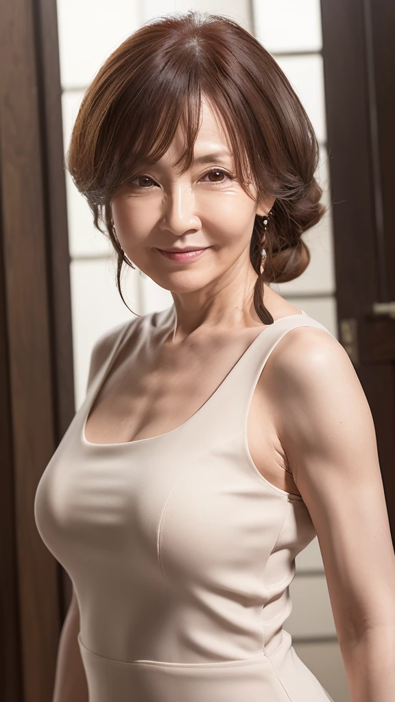 ((Highest quality)), ((8K)), ((masterpiece:1.3)), (Perfect look), (Photorealism:1.6), (JMA), (KE), (Portrait of a Japanese mature woman), Blurred background, Japanese women, 60 years old, ((Realistic skin texture)), (Fine wrinkles appear all over the skin), (Dullness), (Unmoisturized skin:), (Facial wrinkles), (Wrinkles around the eyes), double eyelid, Lower eyelid tear trough, The eyes are looking here, Serious look, (Dimples), BREAK(Red lips), BREAK ショートヘア, Smiling gently, Soft summer dress, Wide armholes, Sleeveless, pumps, Small breasts, Small breasts, Flat Chest, (Flat breasts), (Slimming), (Upper Body), View from the feet,