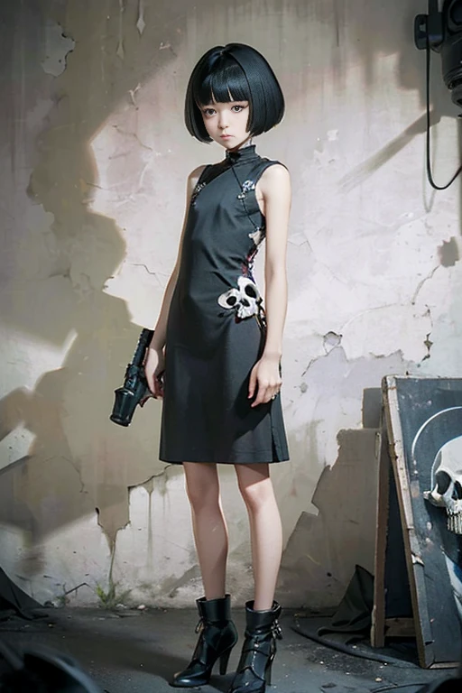 (masterpiece), (High resolution), (Full body portrait), （cyber punk）、Black bowl cut、Sleeveless skull print dress、 Dark atmosphere, Flat Illustration, Creepy Appearance, Characteristic hairstyle, creative accessories, Unique atmosphere,A Little Nightmare、holding a pistol in both hands
