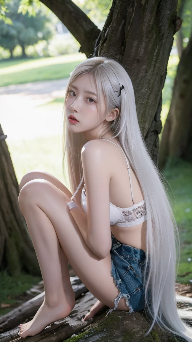 (nsfw), a beautiful girl, long platinum white hair, nice figure, (wearing black bra), ripped shorts, big breasts, beautiful long legs, sitting on a tree branch, ((bottom up view)), (full body shot), (panoramic shot), true light, true light, vivid photo, high quality photo.