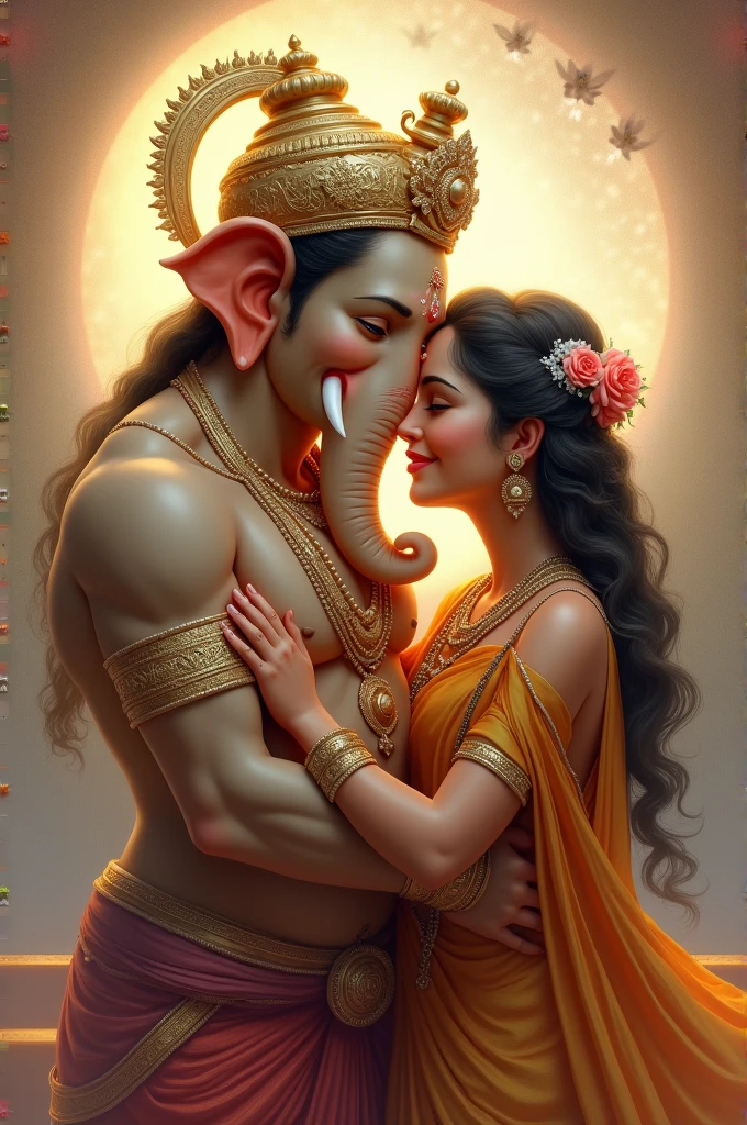 Highly detailed image, lord chubby ganesha elephant god, kissing front facing goddess Parvati,ten arms, weapons and modak in each hand, in trance,  from behind, squeezing ass, his trunk is coming out between her legs touching her covered vagina front facing goddess sexual bending forward parvati with her smile, tight saree, cleavage  