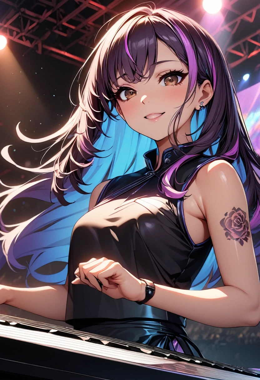 (highest quality:1.2, Very detailed, up to date, Vibrant, Ultra-high resolution, High Contrast, masterpiece:1.2, highest quality, Best aesthetics), Portraiture、girl、singer、stage、performance、Rock Music、Bright colors、Beautiful fine details、Beautiful lip detail、long hair、black and purple ((streaked hair:1.6)), highlights hair: 1.5, rbrown eyes, slim body, middium breast, Music band、Cheerful pose、Concert Light、Edgy Style、colorful Cheongsam, Dynamic Movement、hypnotic sounds、Stadium、amplifier、Loud music、keyboard player, keyboard, right hand up, (Floral Fineline tattoo design on left arm:1), Passionate performance、Sparkling stage、Concert atmosphere、Music Festival、Full of emotion、Rock star attitude、Resolute expression、Avid Fan、The presence of an attractive stage、 Expressive gestures、Rock star aura、An exciting atmosphere、Sing with all your heart、An unforgettable show。