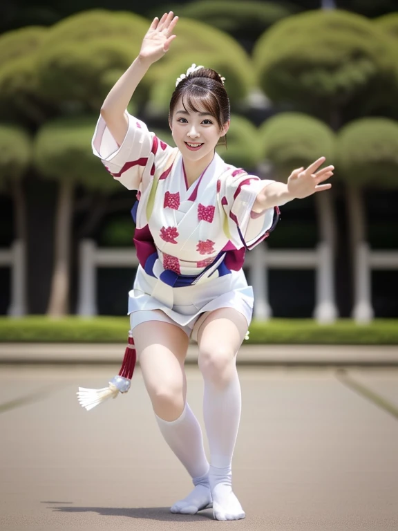 Photo-realistic quality、A Japanese woman wearing a white happi coat is dancing the Awa Odori dance in the park、Cute playful pose of the dancer, White socks、Traditional Japanese Kimono、looking at the camera、Detailed and beautiful eyes、Cute smile、A soft and gentle look、Thin thighs