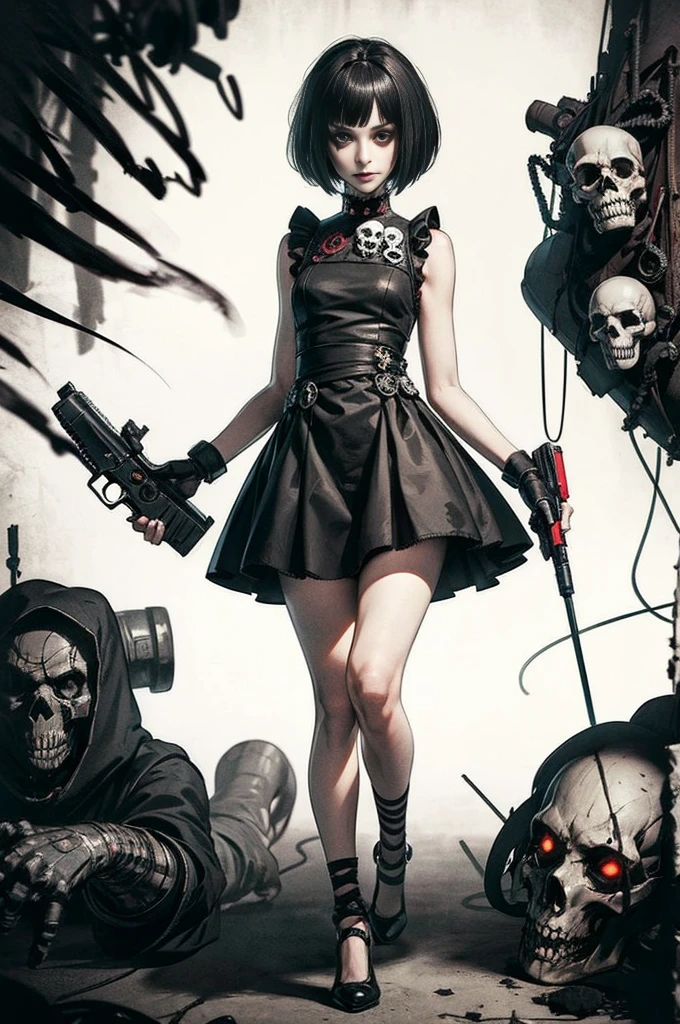 (masterpiece), (High resolution), (Full body portrait), （cyber punk）、Black bowl cut、Sleeveless skull print dress、 Dark atmosphere, Flat Illustration, Creepy Appearance, Characteristic hairstyle, creative accessories, Unique atmosphere,A Little Nightmare、holding a pistol in both hands,pencil-work
