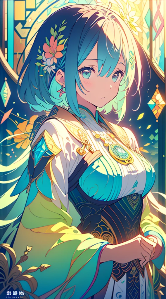 Close-up of a woman with colorful hair and necklace, anime girl with cosmic hair, Rossdraws soft vibrancy, Gouviz style artwork, fantasy art style, colorful], vibrant fantasy style, Rossdraws cartoon full of vitality, cosmic and colorful, Guweiz, colorful digital fantasy art, stunning art style, beautiful anime style, glowing hair