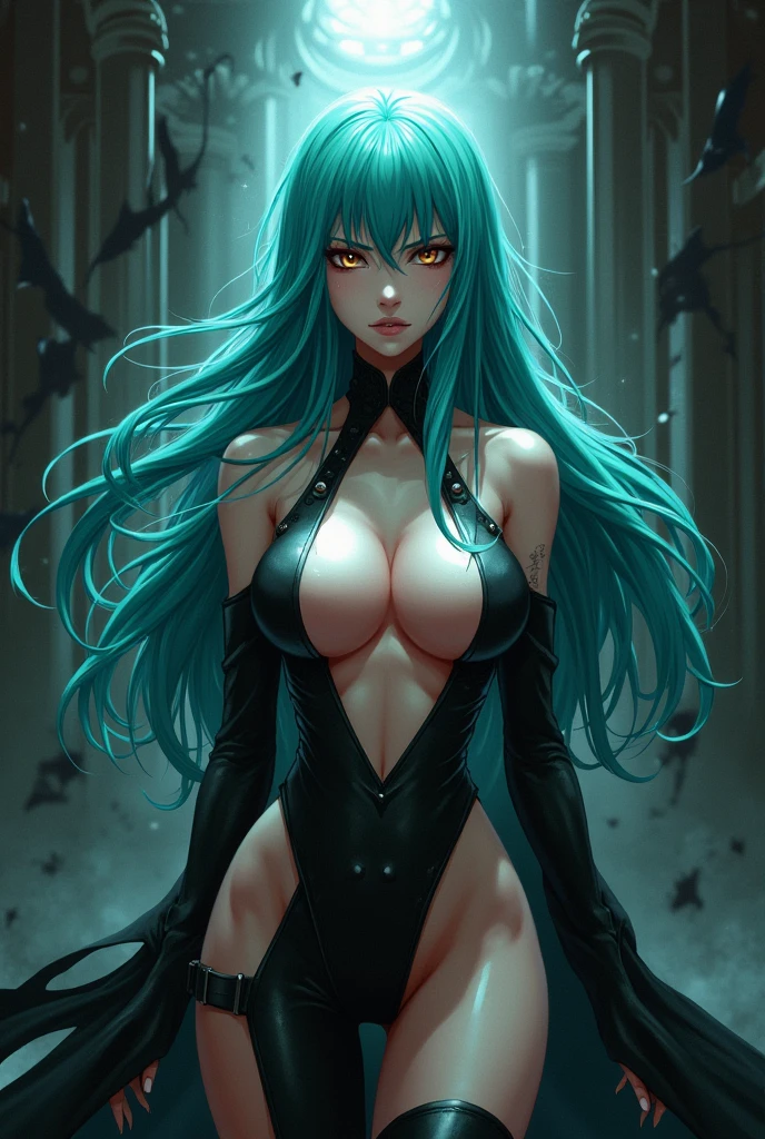 Female Ninja, turquoise blue hair, light and rosy skin, 1.60 tall, slim compñexion, big red eyes, dressed in black mesh suit