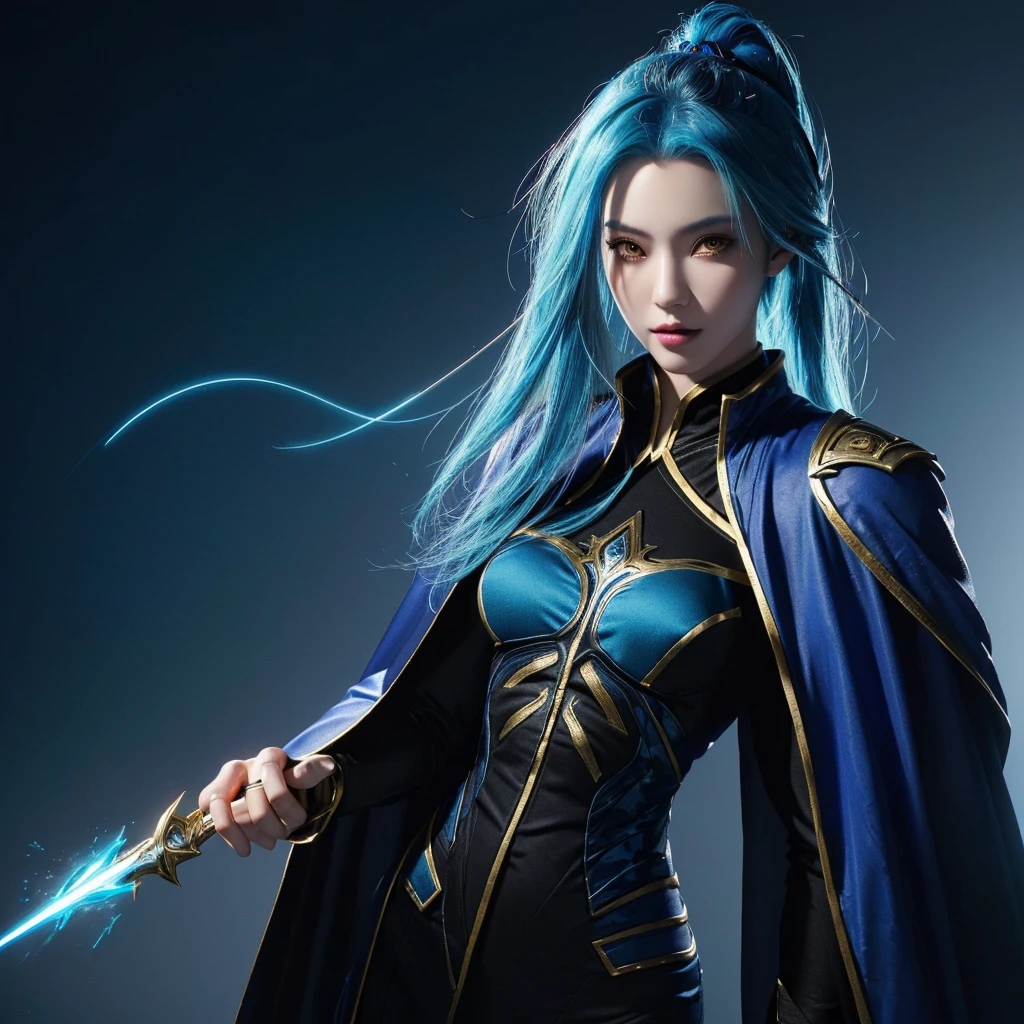 a woman with blue hair and a black cape holding a wand, extremely detailed artgerm, style artgerm, artgerm lau, concept art | artgerm, ig model | artgerm, style of artgerm, artgerm detailed, kda, ! dream artgerm, league of legends character art, arcane jinx