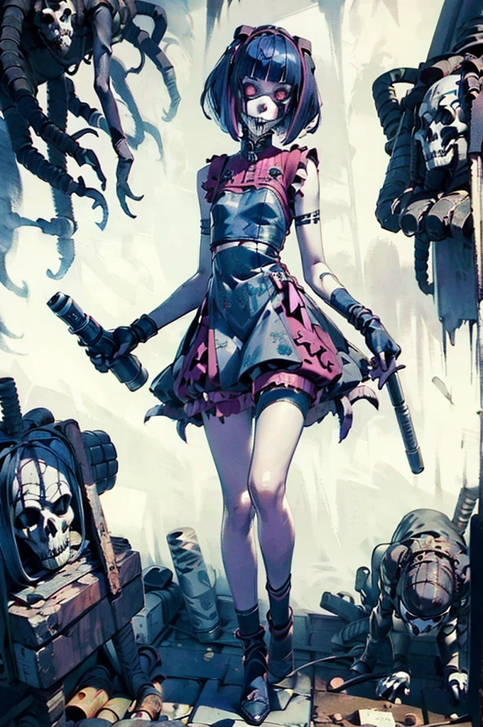 (masterpiece), (High resolution), (Full body portrait), （cyber punk）、Black bowl cut、Sleeveless skull print dress、 Dark atmosphere, Flat Illustration, Creepy Appearance, Characteristic hairstyle, creative accessories, Unique atmosphere,A Little Nightmare、holding a pistol in both hands,pencil-work
