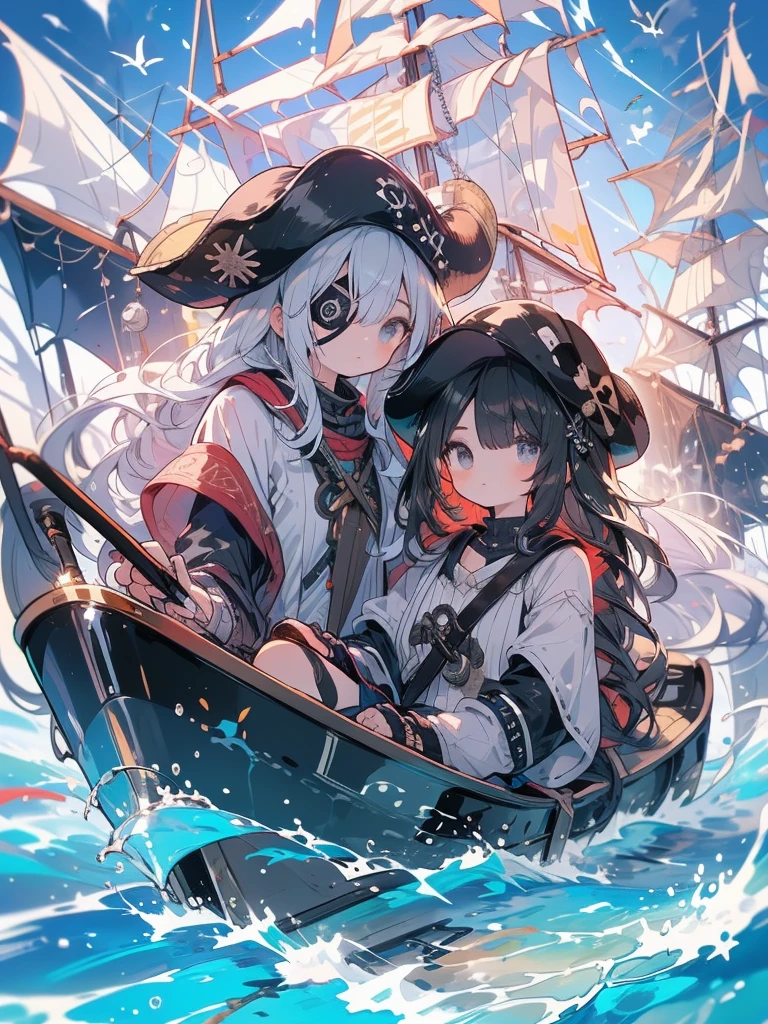 masterpiece、girl、Black Hair、Ocean賊の服、Wear a tricorn hat、((Black eyepatch))、Serious face、Ocean、On the boat、Upper Body