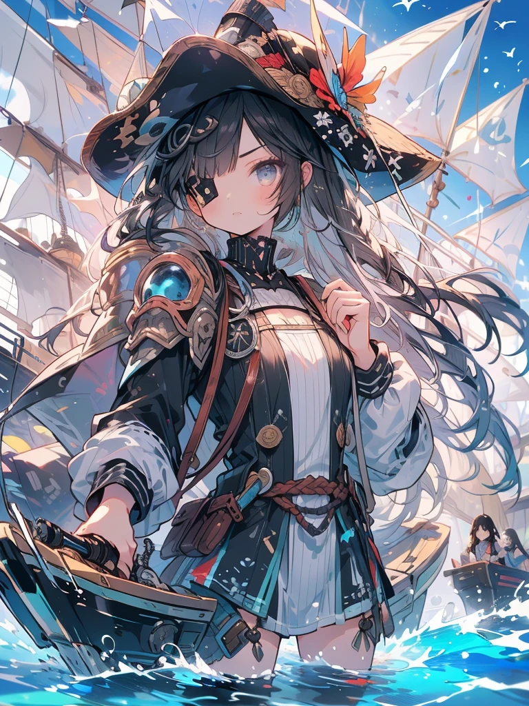 masterpiece、girl、Black Hair、Ocean賊の服、Wear a tricorn hat、((Black eyepatch))、Serious face、Ocean、On the boat、Upper Body